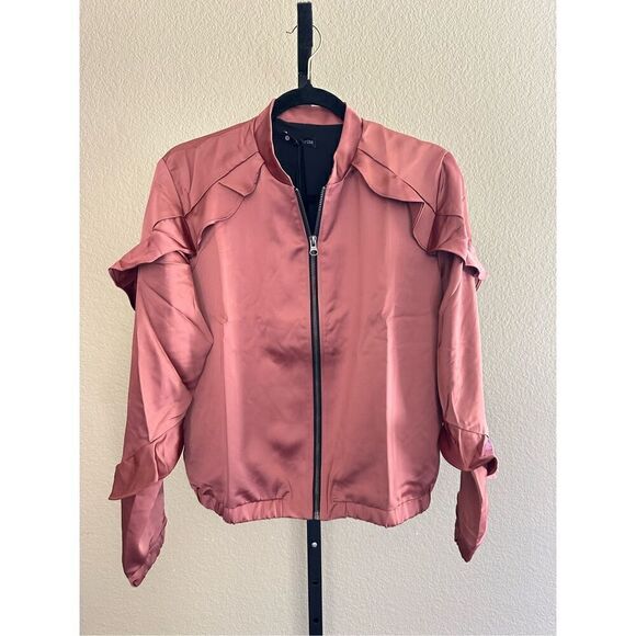 Revolve Krisa Los Angeles Ruffle Bomber Satin Jacket in Copper Size M - Picture 2 of 7
